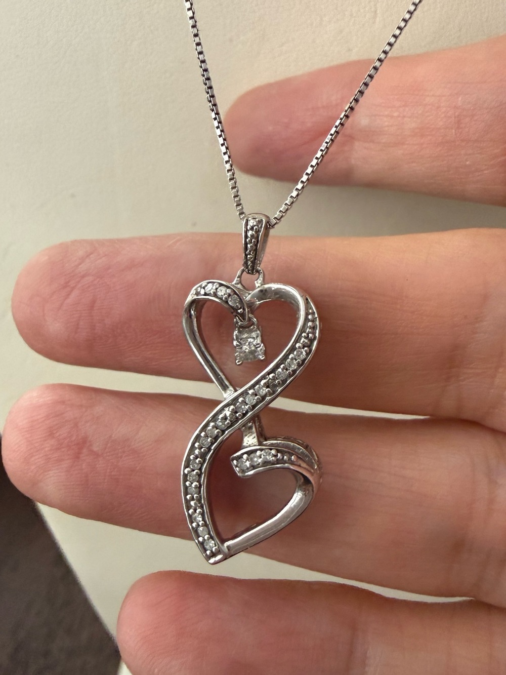 Solid Sterling Silver Double Heart Pendant Necklace